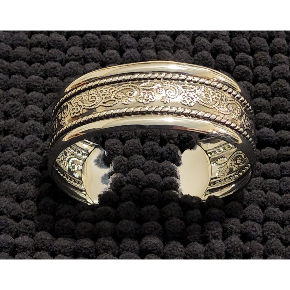 Vintage Silver Toned Wide Cuff Bangle Bracelet with Embossed Flower Design